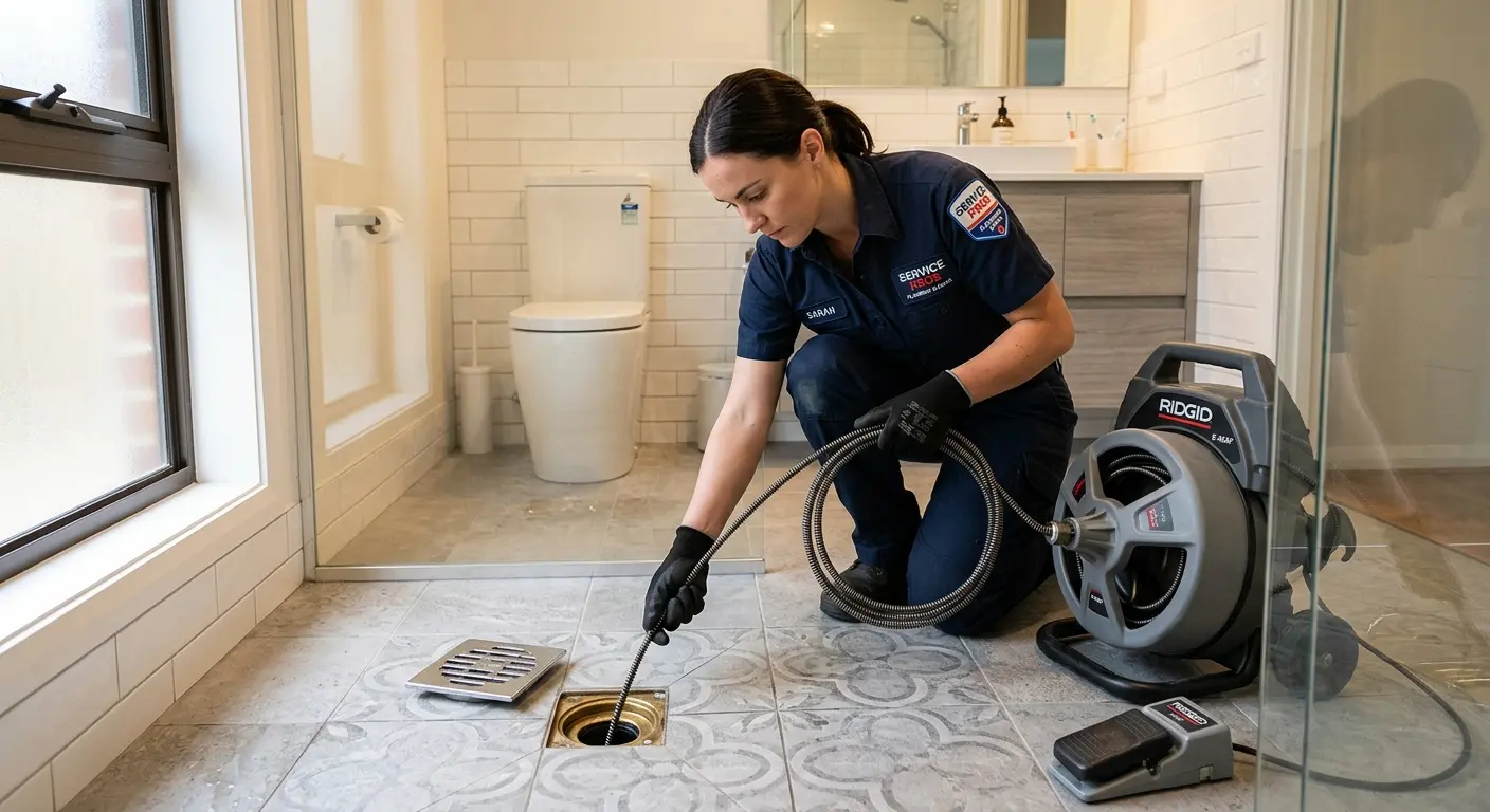 Technician clearing a bathroom floor drain for Sewer Line Replacement in Lawrence